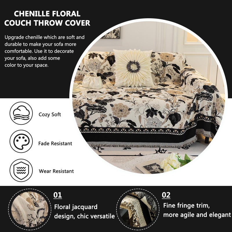 DREAMINGO Beige Black French Couch Cover Jacquard Farmhouse Sofa Covers for 3 Cushion Couch Pets Sectional Couch Cover for Dogs Chenille Furniture Protector Vintage Boho Sofa Slipcover, 71"x134" - Image 3