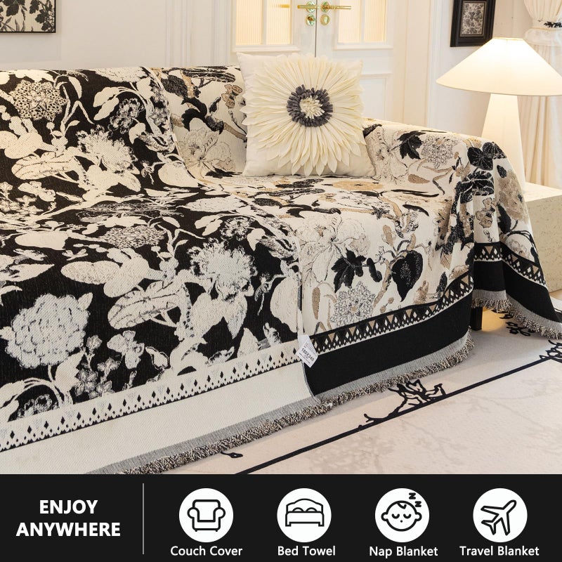 DREAMINGO Beige Black French Couch Cover Jacquard Farmhouse Sofa Covers for 3 Cushion Couch Pets Sectional Couch Cover for Dogs Chenille Furniture Protector Vintage Boho Sofa Slipcover, 71"x134" - Image 2
