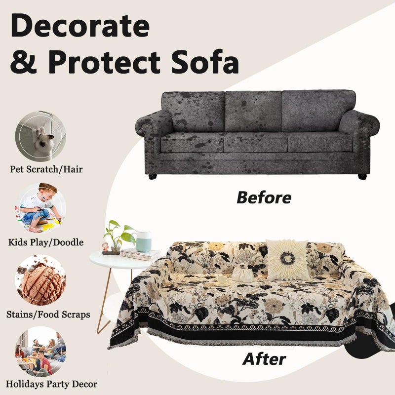 DREAMINGO Beige Black French Couch Cover Jacquard Farmhouse Sofa Covers for 3 Cushion Couch Pets Sectional Couch Cover for Dogs Chenille Furniture Protector Vintage Boho Sofa Slipcover, 71"x134" - Image 4