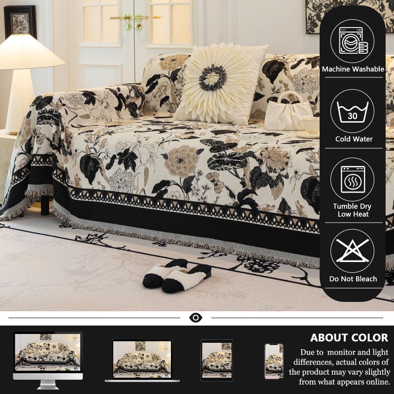 DREAMINGO Beige Black French Couch Cover Jacquard Farmhouse Sofa Covers for 3 Cushion Couch Pets Sectional Couch Cover for Dogs Chenille Furniture Protector Vintage Boho Sofa Slipcover, 71"x134" - Image 5