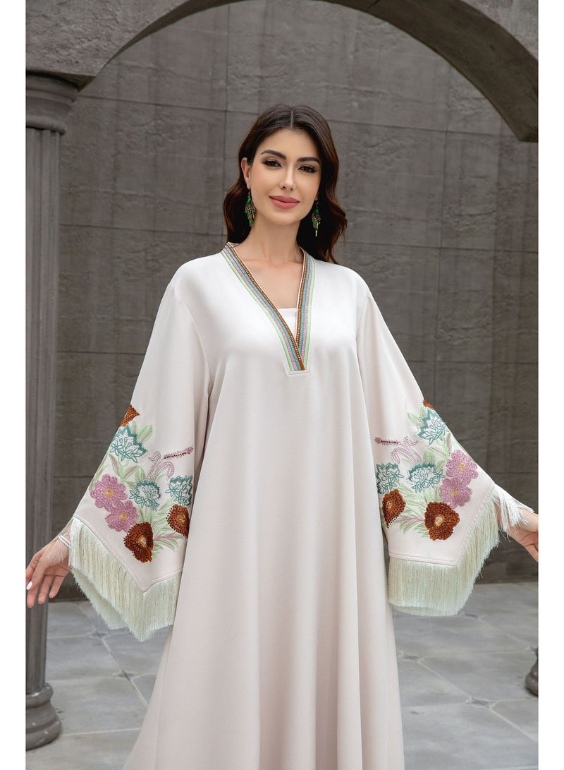 Women's Ivory Jalabiya with Floral Embroidery and Tassel Sleeves - Image 2