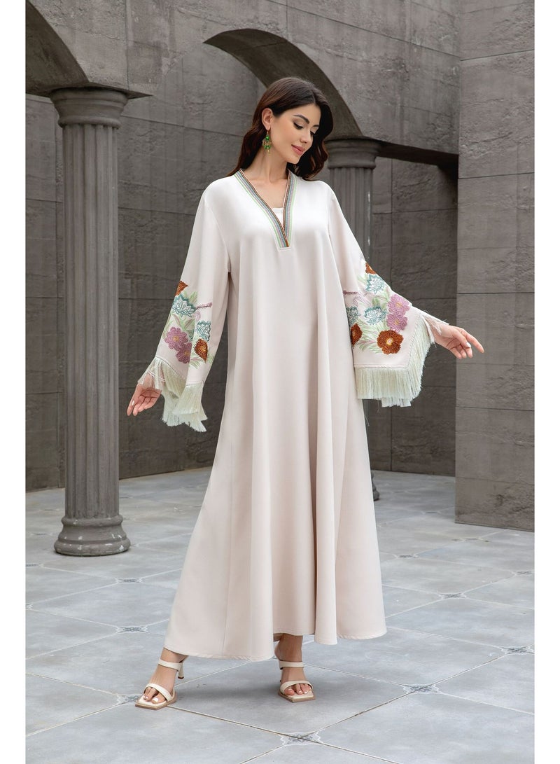 Women's Ivory Jalabiya with Floral Embroidery and Tassel Sleeves - Image 3