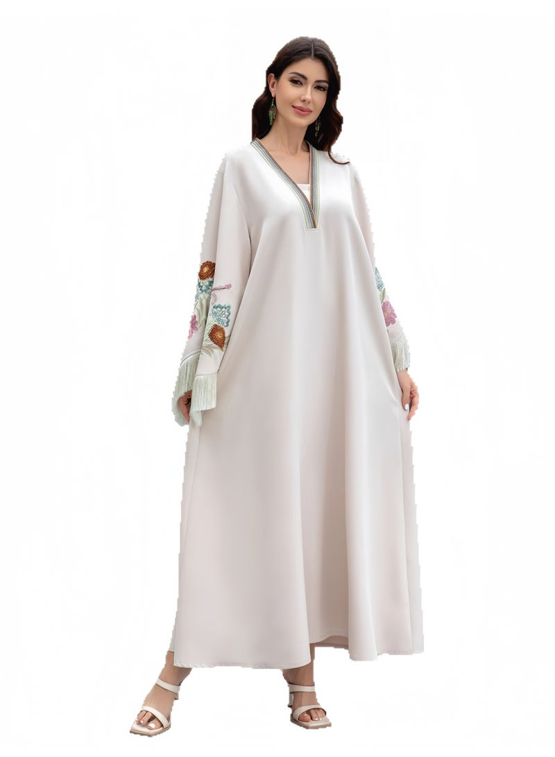 Women's Ivory Jalabiya with Floral Embroidery and Tassel Sleeves - Image 1