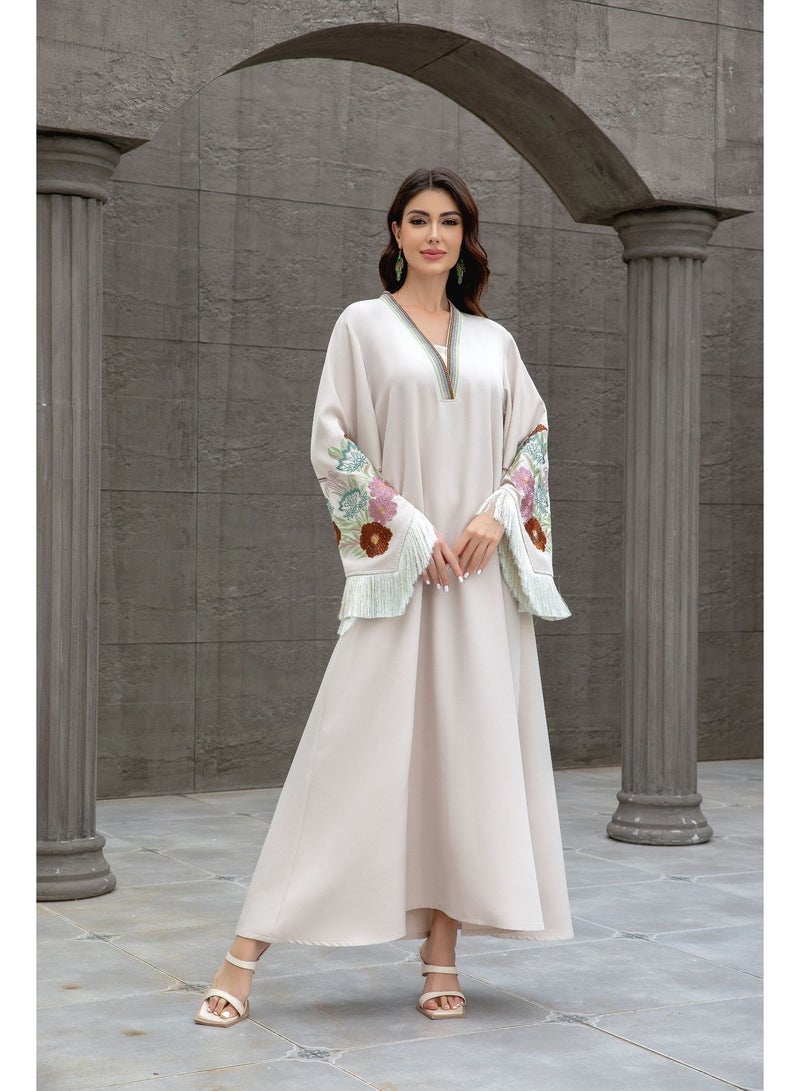 Women's Ivory Jalabiya with Floral Embroidery and Tassel Sleeves - Image 5