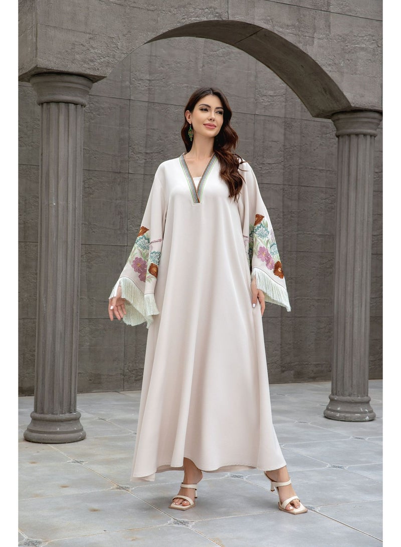 Women's Ivory Jalabiya with Floral Embroidery and Tassel Sleeves - Image 4