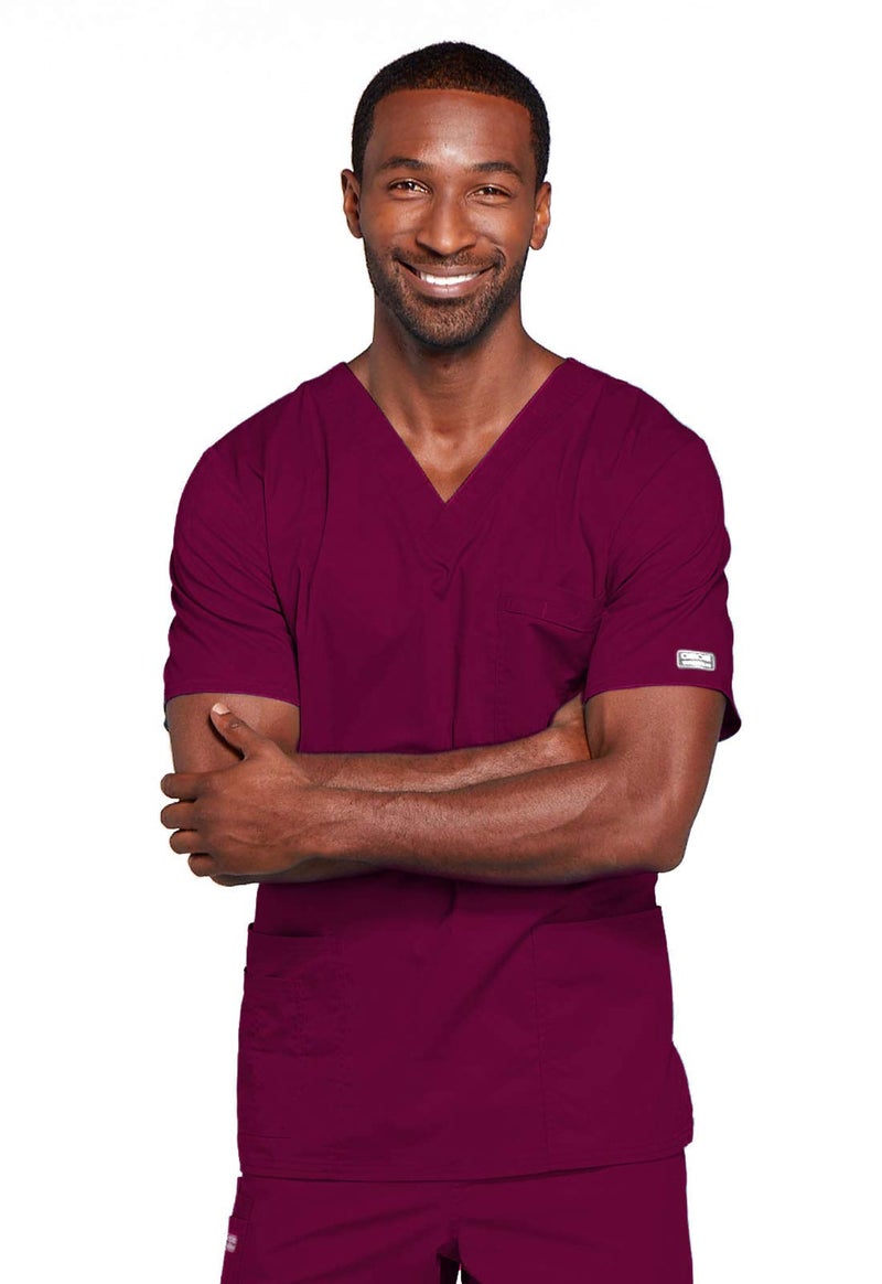 Cherokee Men's Premium Core Stretch Unisex V-Neck Scrub Top, Wine, Small