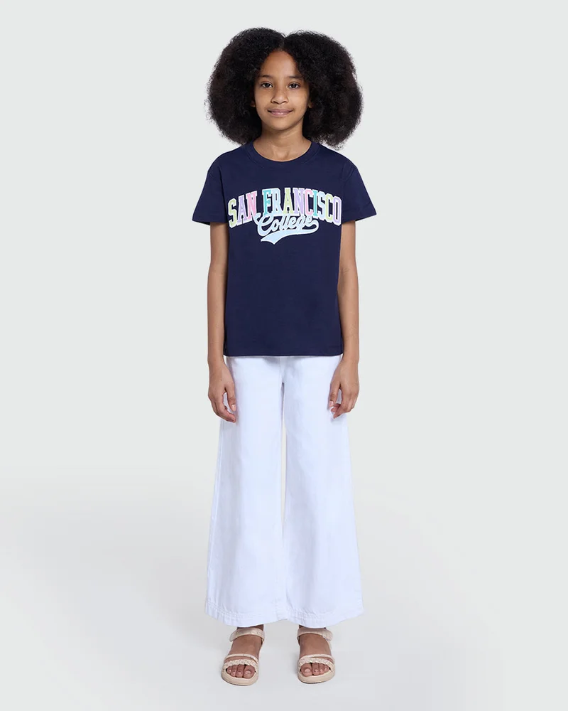او في اس Girls’ Maritime Blue Printed Tee – Style