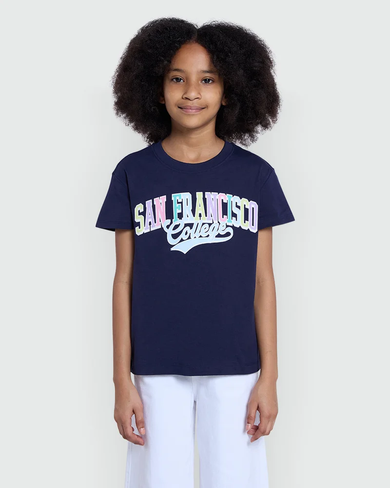 او في اس Girls’ Maritime Blue Printed Tee – Style