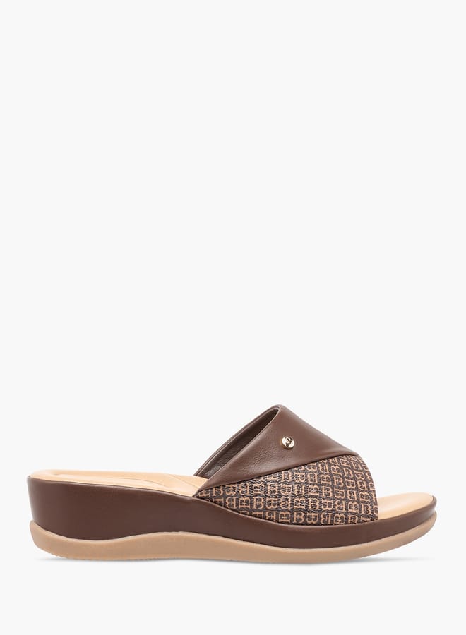 Flora Bella By Shoexpress Women Monogram Print Slip-On Sandals with Wedge Heels  - Image 3