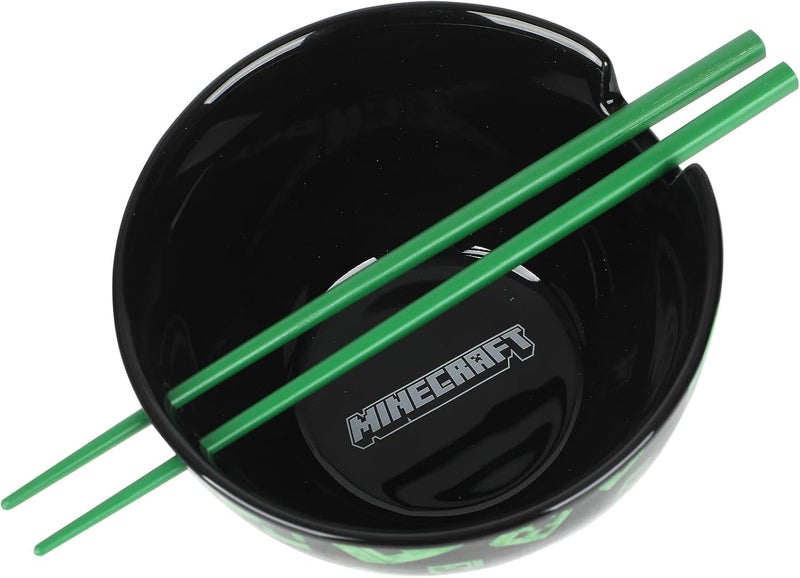 Bio World Minecraft Creeper Faces 20 Oz Black Ceramic Ramen Bowl With Plastic Chopsticks - Image 3