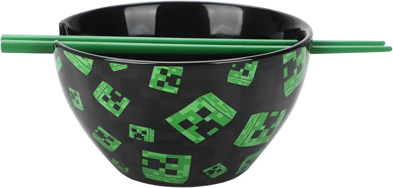 Bio World Minecraft Creeper Faces 20 Oz Black Ceramic Ramen Bowl With Plastic Chopsticks - Image 2