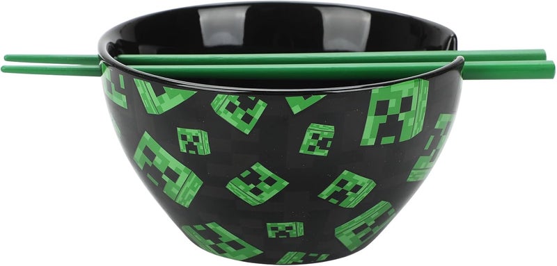Bio World Minecraft Creeper Faces 20 Oz Black Ceramic Ramen Bowl With Plastic Chopsticks - Image 1
