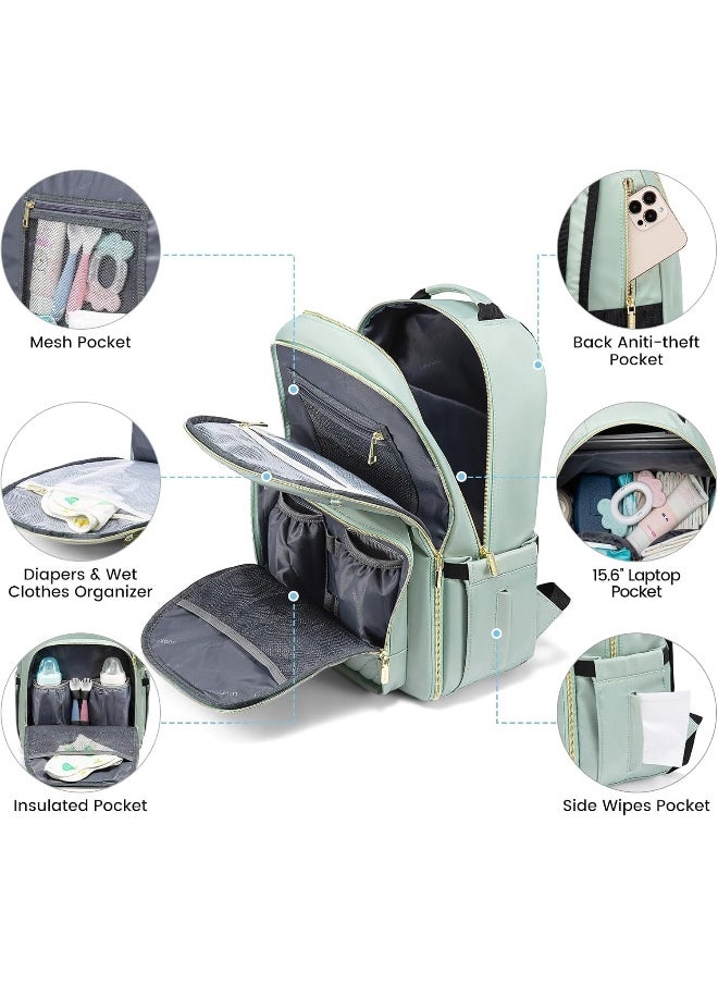 Lovevook LOVEVOOK Diaper Bag Backpack, Quilted Baby Bag with Changing Pad & Pacifier Holder, Waterproof Travel Diaper Bags with USB Charging Port for Baby Boys Girls, Stylish and Large Capacity, Mint Green  - Image 2