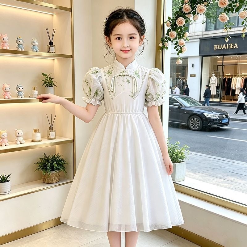 فستان البنات الجديد على النمط الصيني ، Cheongsam ، فستان الأميرة على النمط الوطني الصيفي ، أكمام Puff ، فستان فوق الركبة ، فستان حلو للبنات الصغار - Image 3