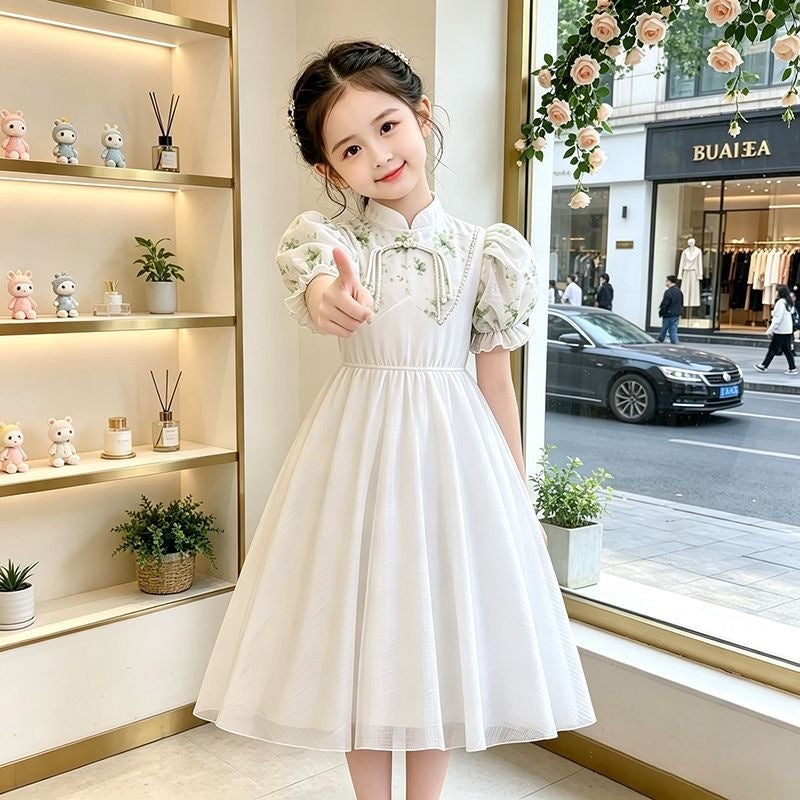فستان البنات الجديد على النمط الصيني ، Cheongsam ، فستان الأميرة على النمط الوطني الصيفي ، أكمام Puff ، فستان فوق الركبة ، فستان حلو للبنات الصغار - Image 2