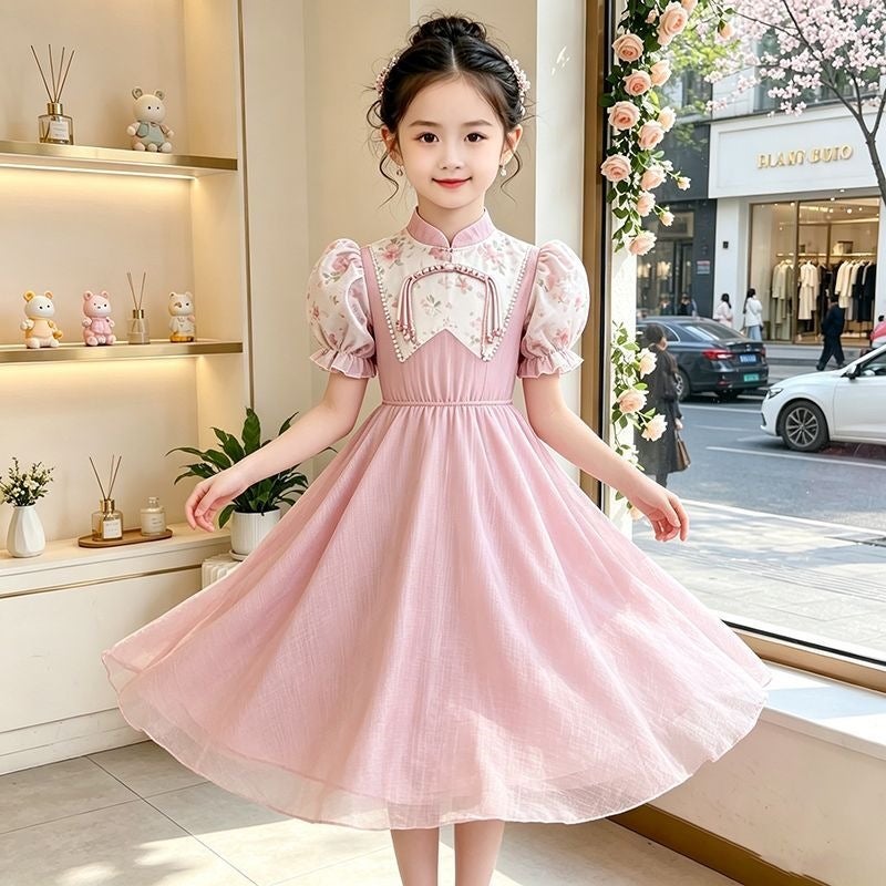 فستان البنات الجديد على النمط الصيني ، Cheongsam ، فستان الأميرة على النمط الوطني الصيفي ، أكمام Puff ، فستان فوق الركبة ، فستان حلو للبنات الصغار - Image 5