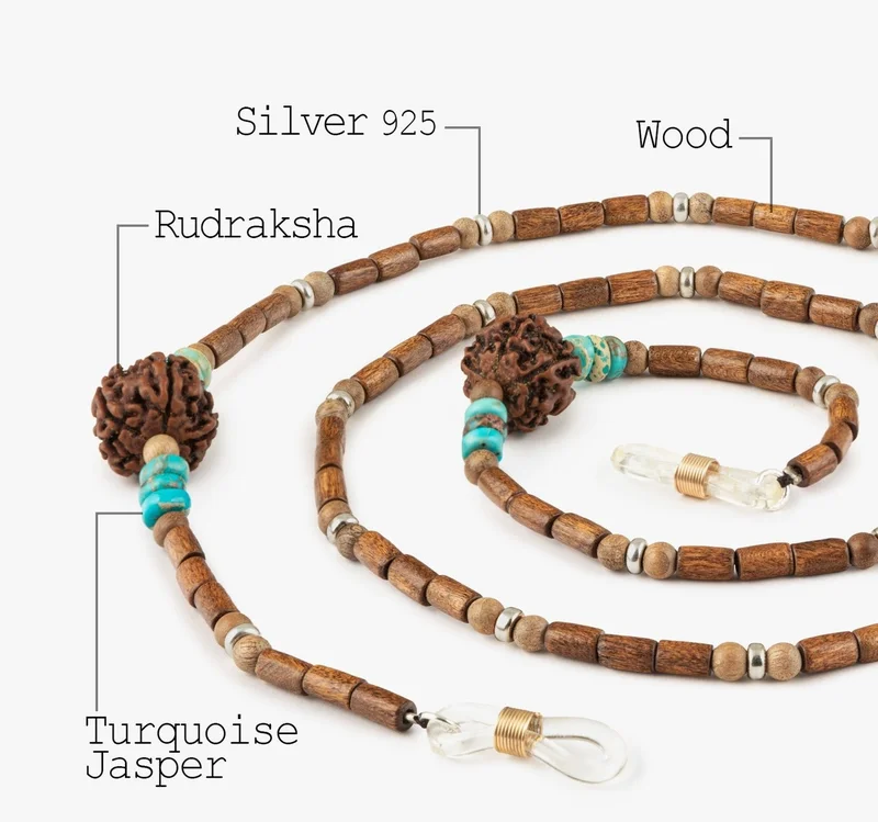 Minza  Minza “Shanti” Unisex Eyewear Chain, 925 Sterling Silver, Rudraksha, Natural Wood & Turquoise Jasper, Handmade Glasses Chain for Sunglasses & Eyeglasses, Boho Spiritual Eyewear Accessory.  | Best Price UAE