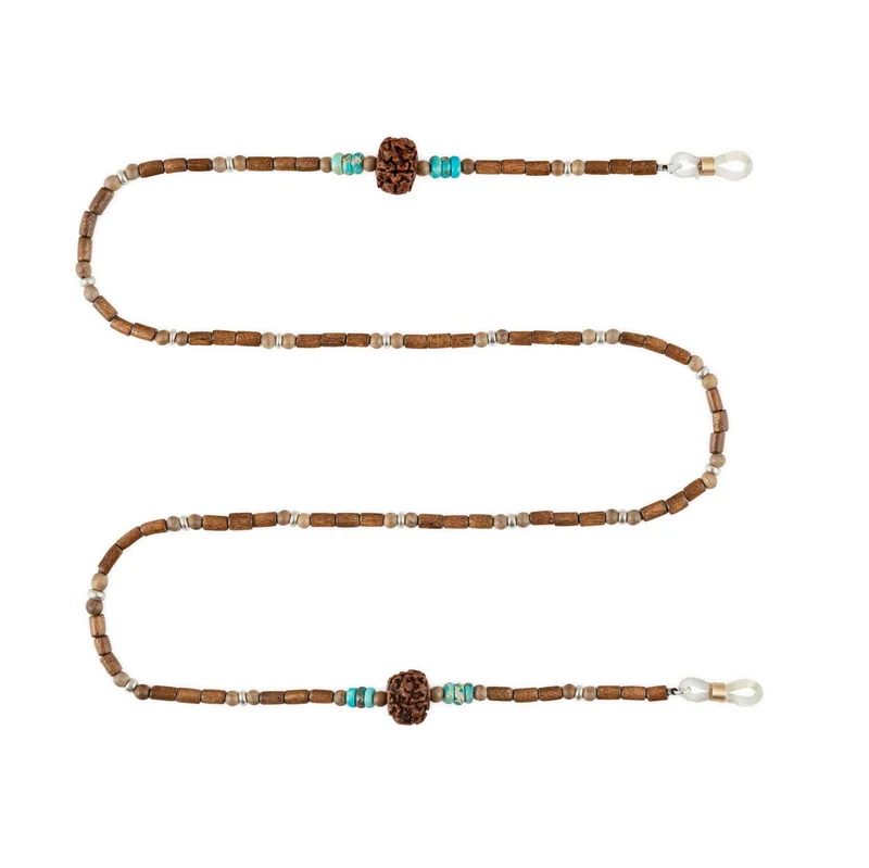 Minza Minza “Shanti” Unisex Eyewear Chain, 925 Sterling Silver, Rudraksha, Natural Wood & Turquoise Jasper, Handmade Glasses Chain for Sunglasses & Eyeglasses, Boho Spiritual Eyewear Accessory.