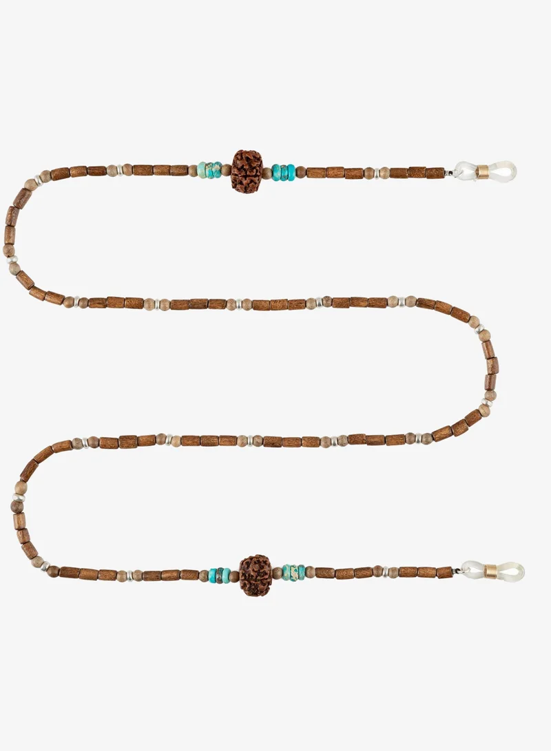 Minza Minza “Shanti” Unisex Eyewear Chain, 925 Sterling Silver, Rudraksha, Natural Wood & Turquoise Jasper, Handmade Glasses Chain for Sunglasses & Eyeglasses, Boho Spiritual Eyewear Accessory.