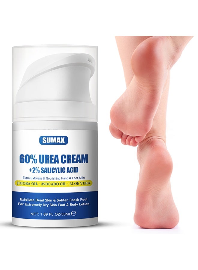 SUMAX 60% Urea Cream with 2% Salicylic Acid, Intense Hydration Moisturizer for Dry Cracked Feet, Hands, and Body, Softens and Exfoliates Dead Skin, 50ml - Image 1