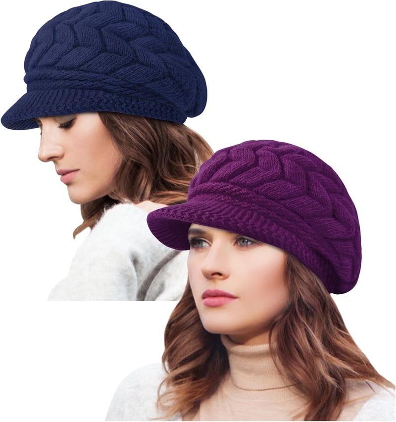 YSense 2 Pack Womens Winter Hats Warm Knit Hat Slouchy Beanie Cap with Brim Gifts - Image 1