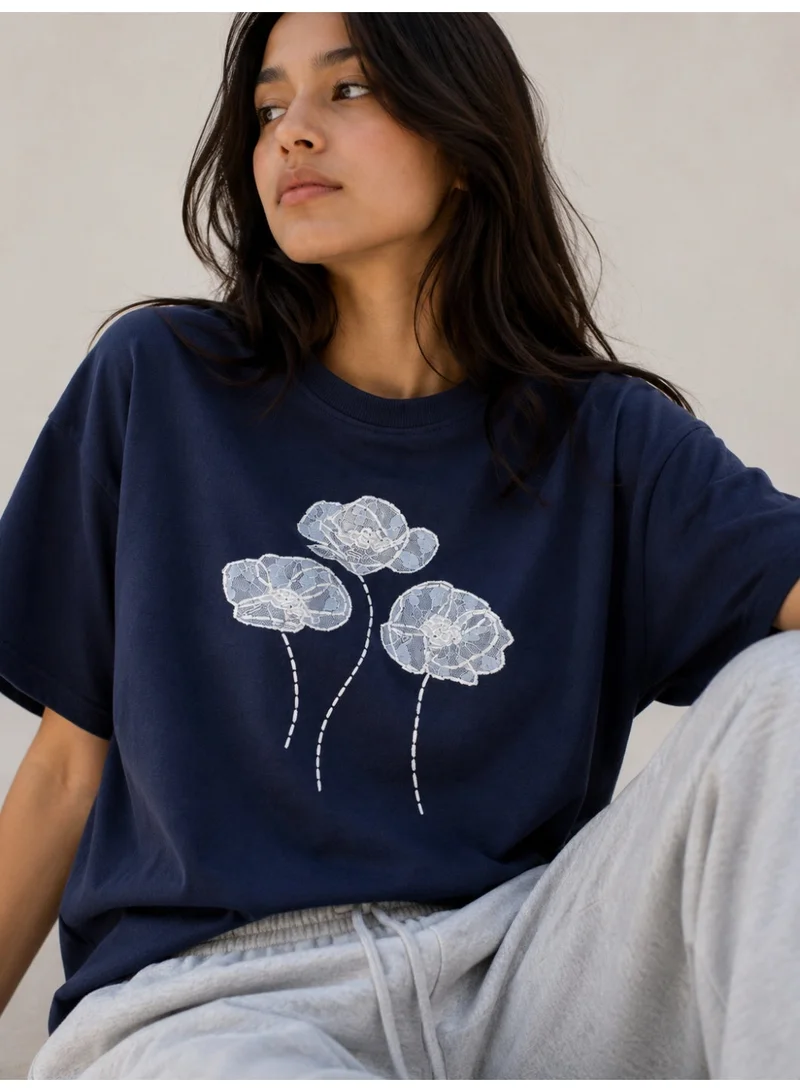 victor and jane Girls’ Oversized T-Shirt –Lace and Net Embroidery