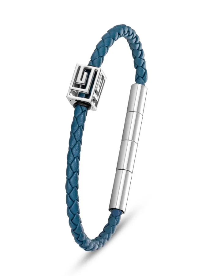 Guy Laroche Thibault Silver Stainless Steel and Blue Leather Bracelet for Men