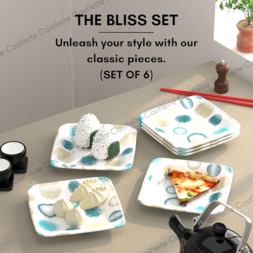 Castleite Bliss Melamine Quarter Plates Set of 6 - Size 7', Non Breakable, Square Designer Plate for Serving Snacks, Breakfast, Lunch or Dinner at Home, Kitchen, or Café, Stainless (Deja Blue) - Image 2