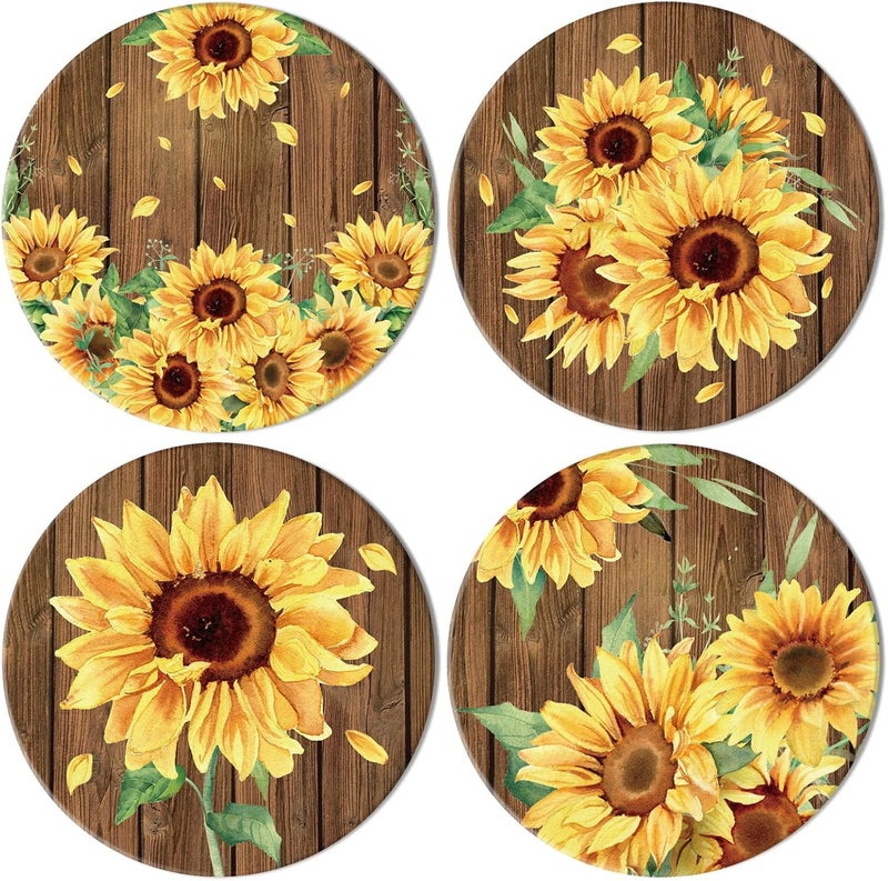 Whaline 4Pcs Sunflower Ceramic Coaster Spring Summer Flower Drink Coaster Rustic Floral Ceramic Coaster Cup Mat for Mugs Cups Home Kitchen Party Supplies, 4.1 x 0.3 Inch - Image 1