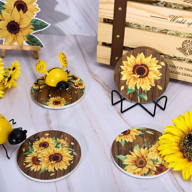 Whaline 4Pcs Sunflower Ceramic Coaster Spring Summer Flower Drink Coaster Rustic Floral Ceramic Coaster Cup Mat for Mugs Cups Home Kitchen Party Supplies, 4.1 x 0.3 Inch - Image 5