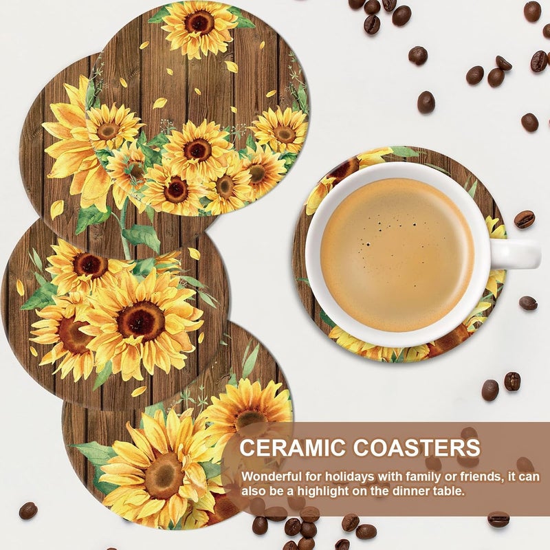 Whaline 4Pcs Sunflower Ceramic Coaster Spring Summer Flower Drink Coaster Rustic Floral Ceramic Coaster Cup Mat for Mugs Cups Home Kitchen Party Supplies, 4.1 x 0.3 Inch - Image 4