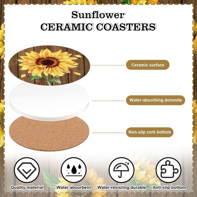 Whaline 4Pcs Sunflower Ceramic Coaster Spring Summer Flower Drink Coaster Rustic Floral Ceramic Coaster Cup Mat for Mugs Cups Home Kitchen Party Supplies, 4.1 x 0.3 Inch - Image 3