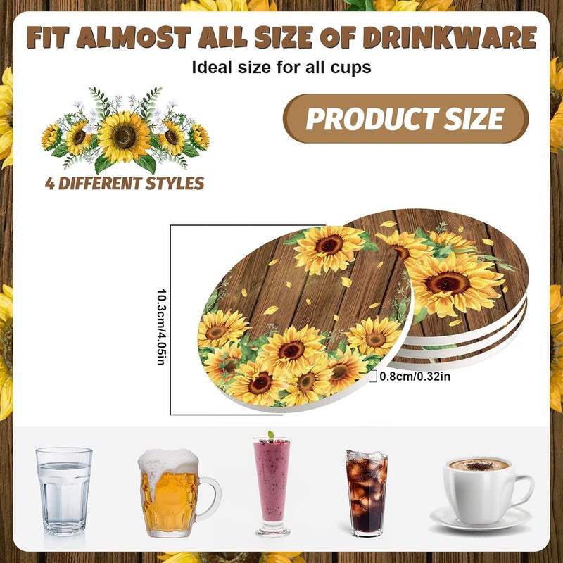 Whaline 4Pcs Sunflower Ceramic Coaster Spring Summer Flower Drink Coaster Rustic Floral Ceramic Coaster Cup Mat for Mugs Cups Home Kitchen Party Supplies, 4.1 x 0.3 Inch - Image 2