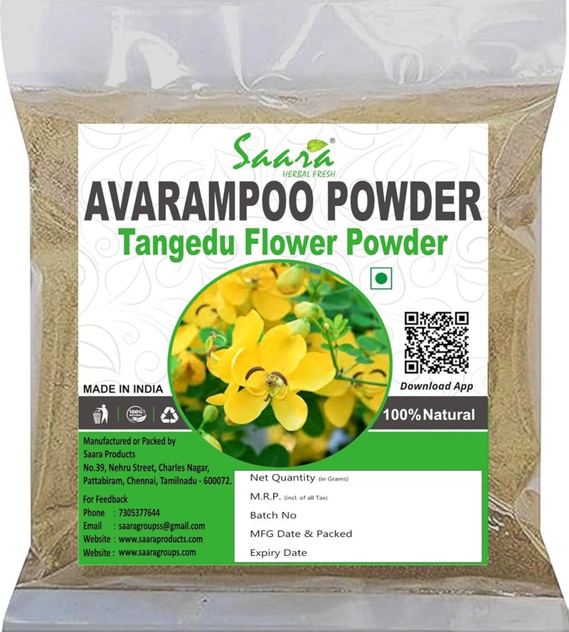 Saara HERBAL FRESH Avarampoo Powder 400g Tangedu Flower Tarwar Avaram senna Senna auriculata For Body Skin Face and Hair care 400g Pack of 4 X 100g - Image 1