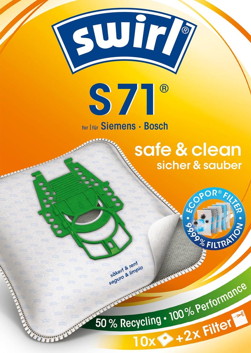 Swirl أكياس مكنسة كهربائية Swirl S 71 لسيمنز وبوش مع فلتر MicroPor مضاد للحساسية لوحة تثبيت قابلة للقفل 10 أكياس 2 فلتر