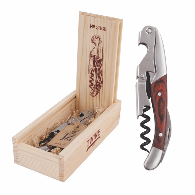 Twine Twine Wood Handle Double HInged Corkscrew Stainless Steel Wine Key with Foil Cutter 
