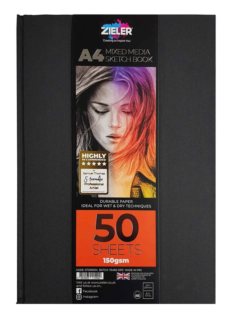 Zieler A4 Size Hardback Sketch Book For Mixed Media Arts 50 Sheets - Image 1