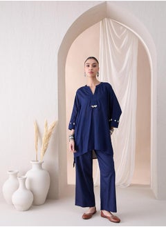 Femmella Textured Dobby High Low Kurta with Straight Pant Co-Ords by Styli  - Image 1