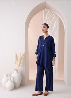 Femmella Textured Dobby High Low Kurta with Straight Pant Co-Ords by Styli  - Image 2