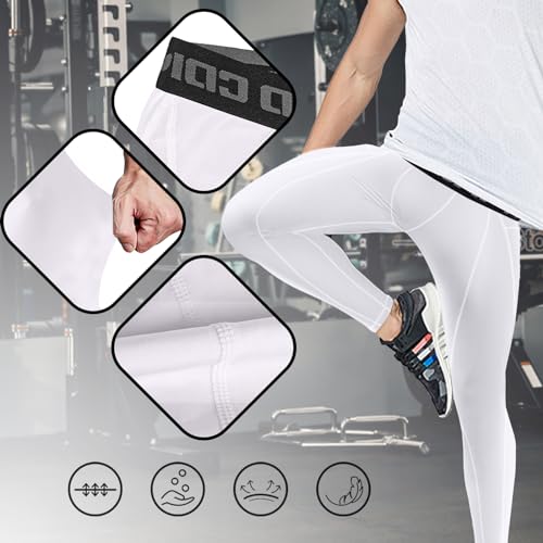 Towintec Men’s Compression Pants, Leggings Running Tights Workout Base Layer for Basketball Sports Athletic Football Gym Soccer(White+White+White,L) - Image 4