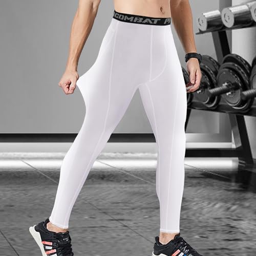 Towintec Men’s Compression Pants, Leggings Running Tights Workout Base Layer for Basketball Sports Athletic Football Gym Soccer(White+White+White,L) - Image 3