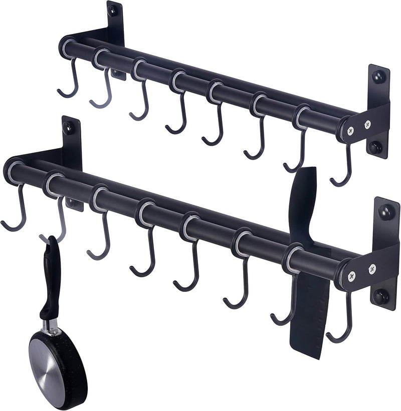 Dseap Pot Rack - Pots and Pans Hanging Rack Rail with 8 Hooks, Double Bars, Pot Hangers for Kitchen, Wall Mounted, Black, Pack of 2 - Image 1