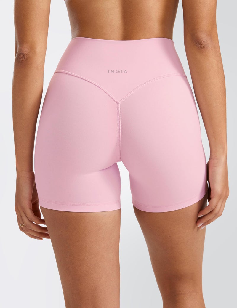 INGIA Womens High Waist No Front Seam Scrunch Butt Biker Shorts 5 Inches V-Back Scrunch Booty Gym Workouts Milk Pink Small - Image 2