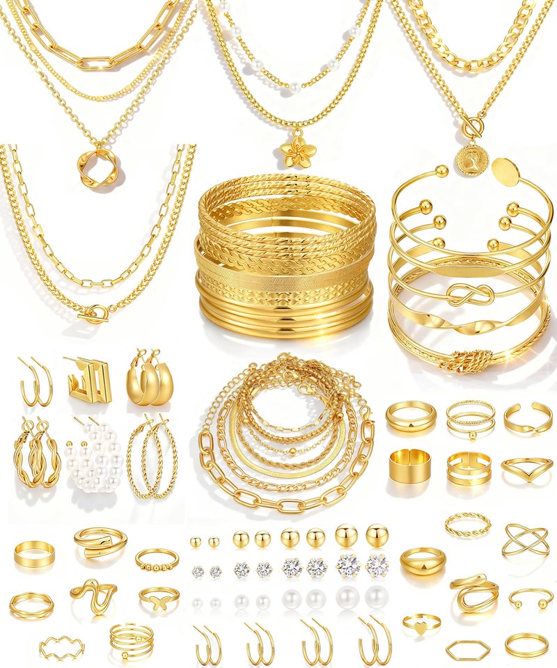 17mile 17 MILE 78 Pieces Gold Jewelry Set for Women, 9 Necklace, 24 Bangle Bracelet, 22 Earrings, 23 Knuckle Rings Ties Gold Plated Jewerly set for Women Gift - Image 1