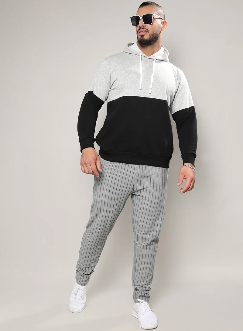 Instafab Plus Instafab Plus Men's Black & Grey Pullover Hoodie With Ribbed Hem For Casual Wear | Hooded Neck | Long Sleeve | Pull On Closure | Cotton Sweatshirt Crafted With Comfort Fit For Everyday Wear