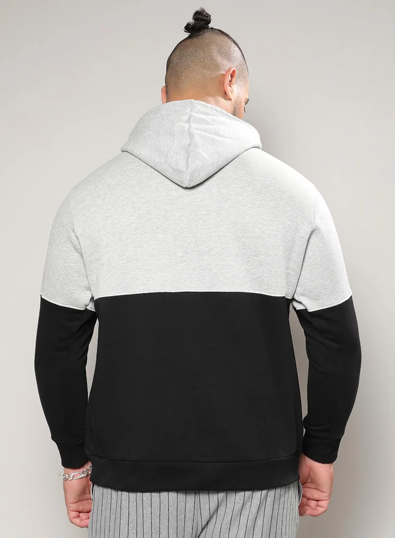 Instafab Plus Instafab Plus Men's Black & Grey Pullover Hoodie With Ribbed Hem For Casual Wear | Hooded Neck | Long Sleeve | Pull On Closure | Cotton Sweatshirt Crafted With Comfort Fit For Everyday Wear