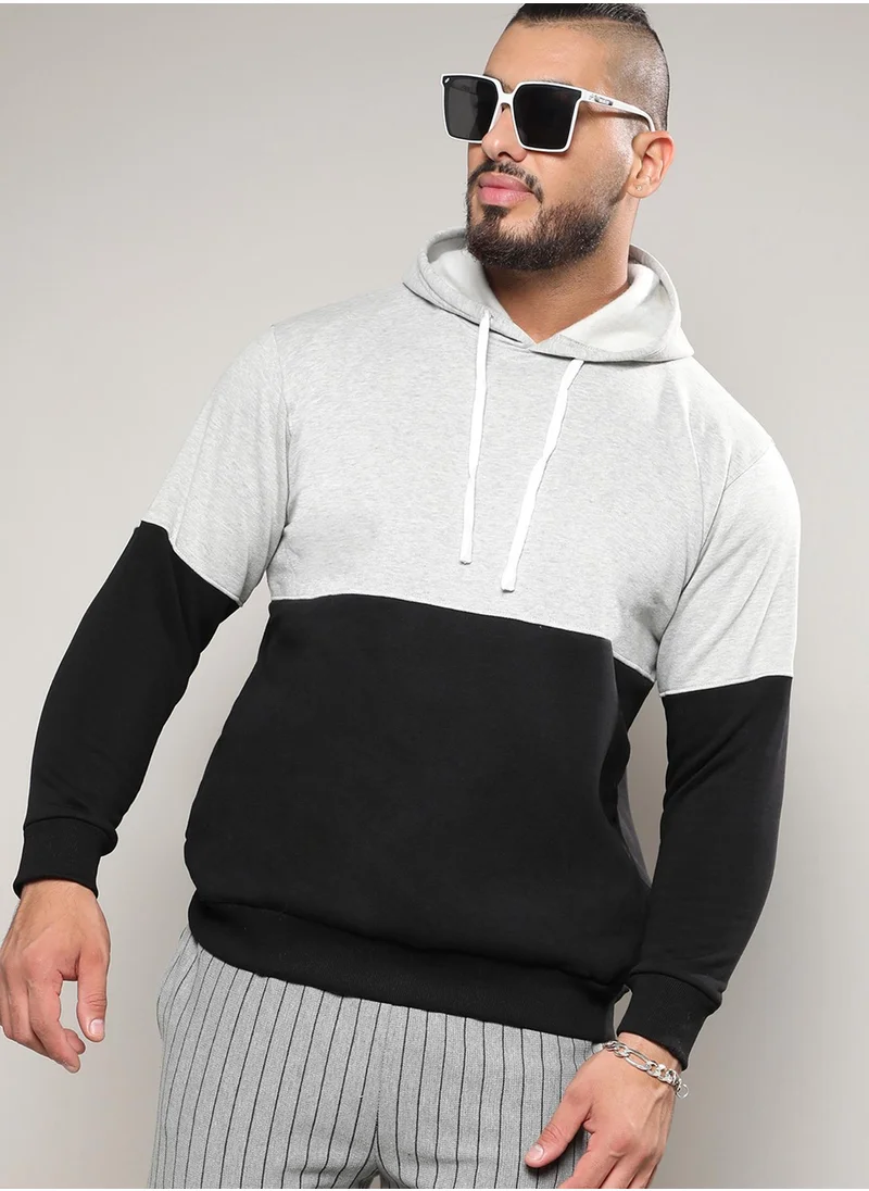 Instafab Plus Instafab Plus Men's Black & Grey Pullover Hoodie With Ribbed Hem For Casual Wear | Hooded Neck | Long Sleeve | Pull On Closure | Cotton Sweatshirt Crafted With Comfort Fit For Everyday Wear