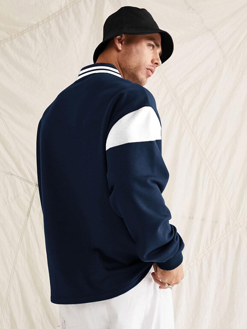 Jump Cuts Mens Printed Polo Neck Full Sleeve Navy and White Cotton Blend T-Shirt - Image 2