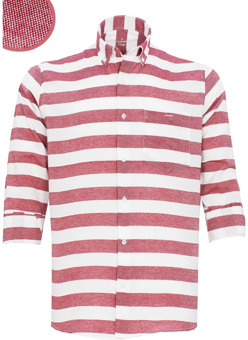 فاريتا Men's Claret Red Striped Board Pattern Long Sleeve Button Down Collar Classic Cut Shirt