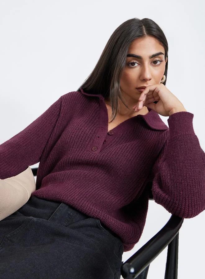 Styli Burgundy Regular Fit Knit Sweater with Button Placket